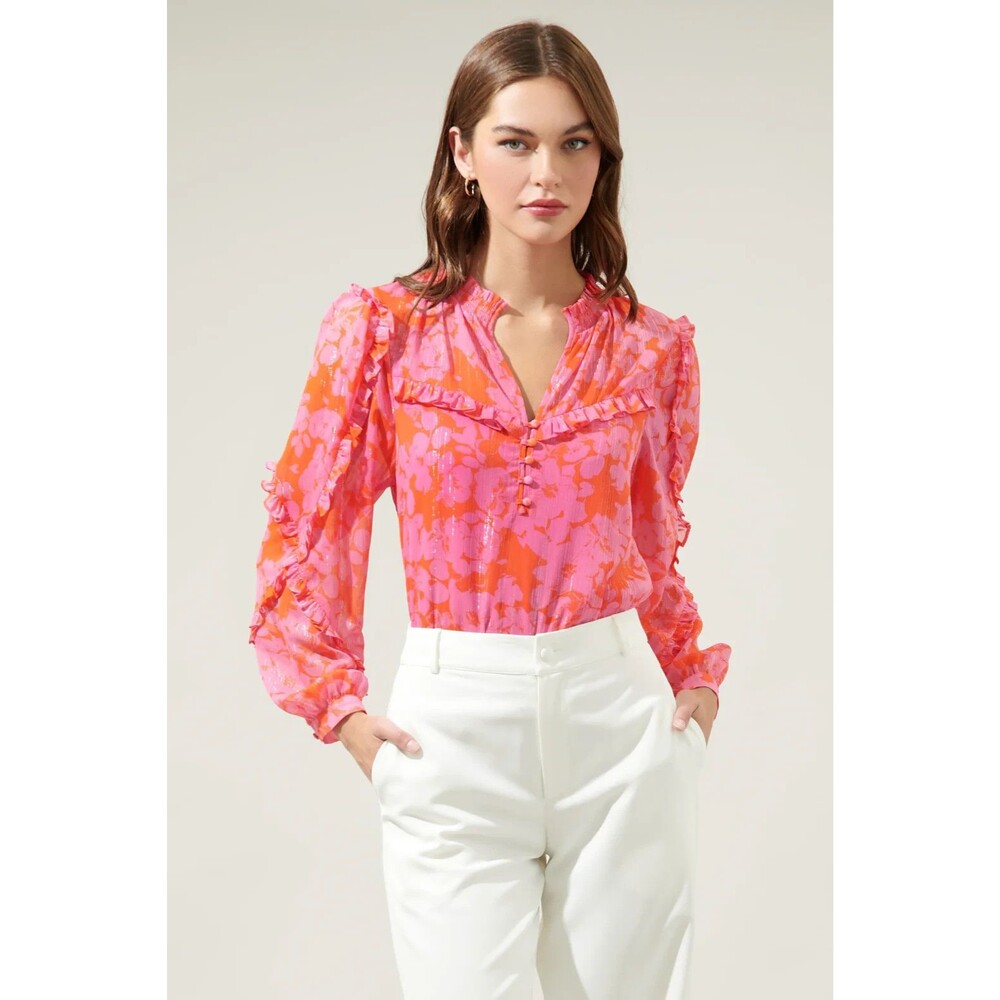Sugarlips Womens Size S Ventura Carolina Reaper Floral Print Pink Red Blouse NWT